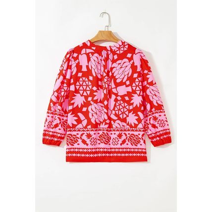 Strawberry Pink Abstract Floral Print Tie Neck Button Decor 3/4 Sleeve Blouse