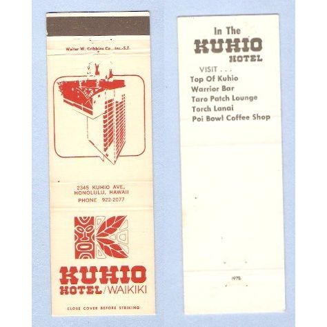 HI Waikiki Twenty Strike Front Strike Matchcover w/o Matches Tiki Outer Co~716