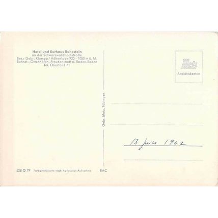 Hotel Ruhestein Obertal Germany Postcard posted 1962 VGC