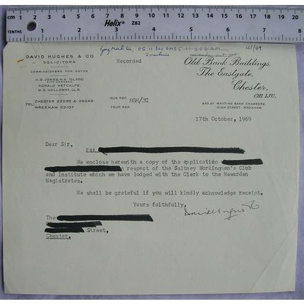 1969 letter David Hughes, Chester re Saltney Workingmen's Club & Institute