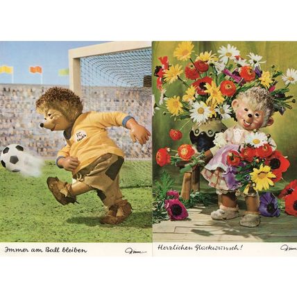 Mecki Football Soccer Player Flower Lady 2x German Postcard s