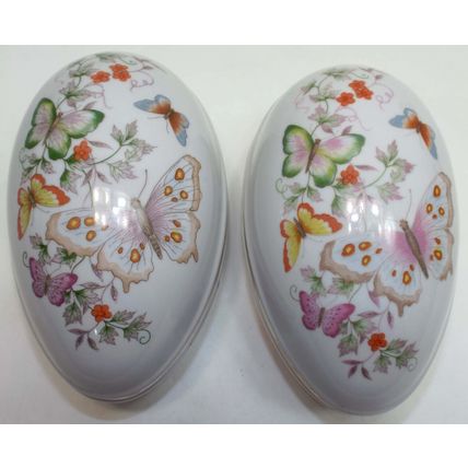2 Mint 1974 Vintage AVON Japan Fine Porcelain Butterfly Fantasy Egg Trinket Box