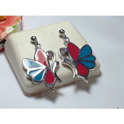 Estate 2Sided Butterfly w/Red &Blue Enamel Sterling Silver Dangle Earrings#19370
