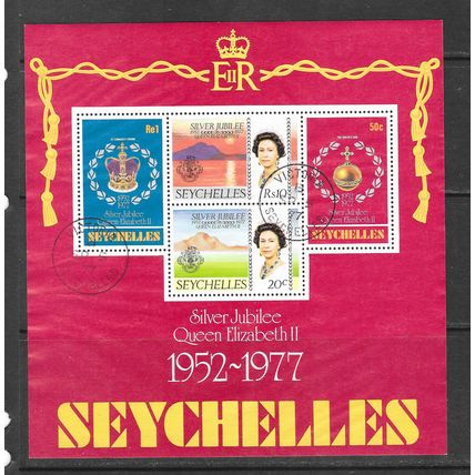 SEYCHELLES 1977 SILVER JUBILEE MINATURE SHEET 4 STAMPS USED VICTORIA PMK