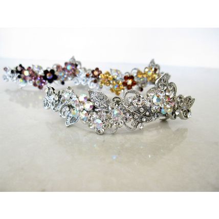 Large silver leaves flowers pink purple amber brown crystal hair barrette