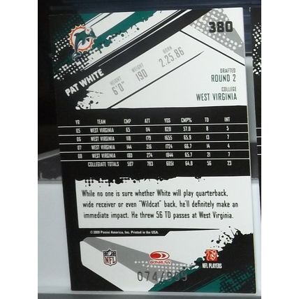 2009 Score PAT WHITE (Dolphins) Inscriptions Rookie Card #380 74/999