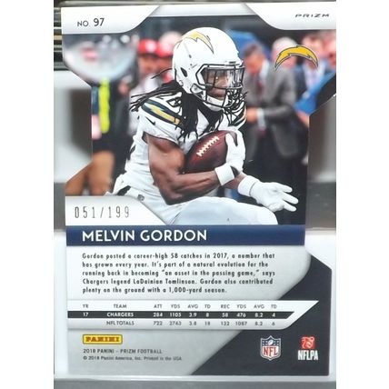 2018 Panini Prizm MELVIN GORDON (Chargers) Light Blue Die Cut #97 51/199