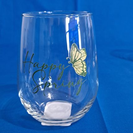 Royal Norfolk BLUE HYDRANGEA Stemless Wine Glasses "Happy Spring" Butterfly