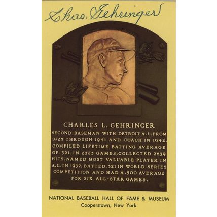 Charlie Gehringer Signed Autographed Hall of Fame Plaque Postcard Detroit Tigers