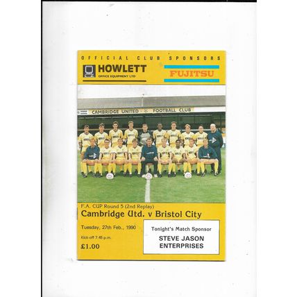 CAMBRIDGE UNITED V BRISTOL CITY 27/02/1990 FA CUP 5TH ROUND REPLAY (BS1)