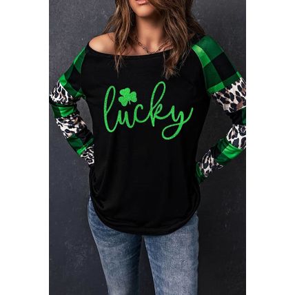 Green Lucky Clover Glitter Pattern Leopard Plaid Splicing Top