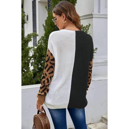 Leopard Print Contrast Color V Neck Sweater