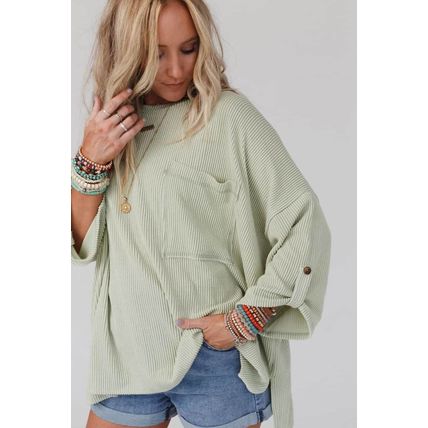 Green Ribbed Roll-tab Sleeve Chest Pocket Oversize Top