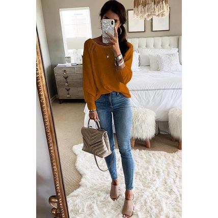 Brown Long Sleeve Cutout Shoulder Relaxed Sweater
