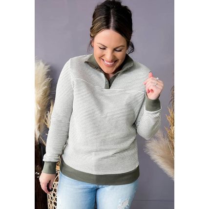 Green Striped Contrasting Trim Plus Size Henley Pullover
