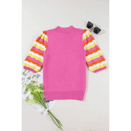 Pink Ribbed Knit Contrast Sleeve Sweater Top