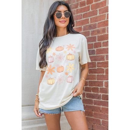 White Floral Pumpkin Graphic Crewneck Halloween T Shirt