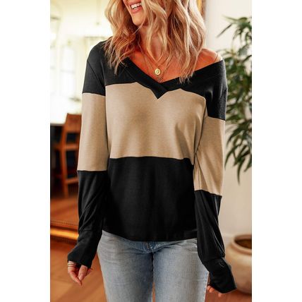 Parchment Colorblock Button Decor Long Sleeve V Neck Top