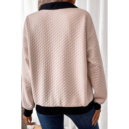 Oatmeal Textured Colorblock Edge Buttoned Collar Sweatshirt