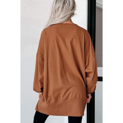 Chestnut Sequin Happy Halloween Graphic Notched Neck Long Sleeve Loose Top