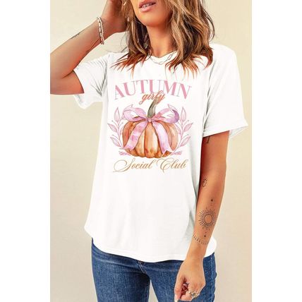 White Autumn Girly Thanksgiving Bowknot Pumpkin Graphic T Shirt