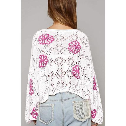 White Contrast Flower Print Eyelet Drop Shoulder Sweater