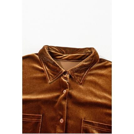 Chestnut Plus Size Velvet Chest Pocket Drop Shoulder Shirt
