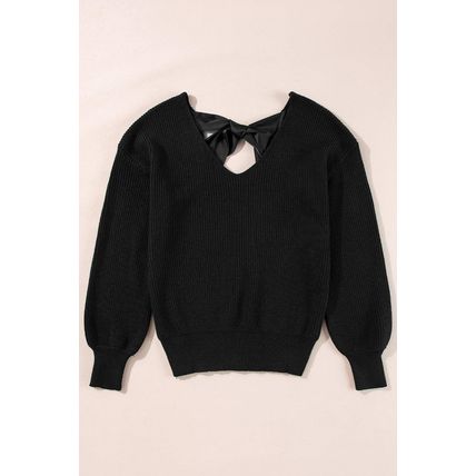 Black Lantern Sleeve V Neck Knot Back Sweater