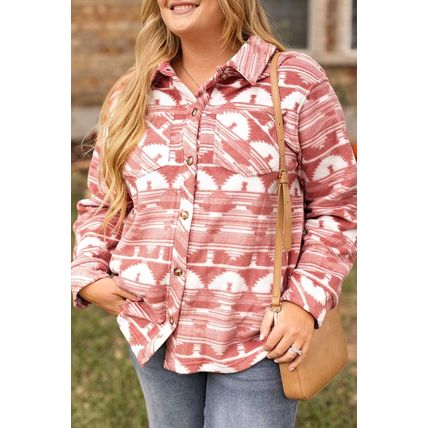 Pink Plus Size Aztec Print Chest Pocket Shacket