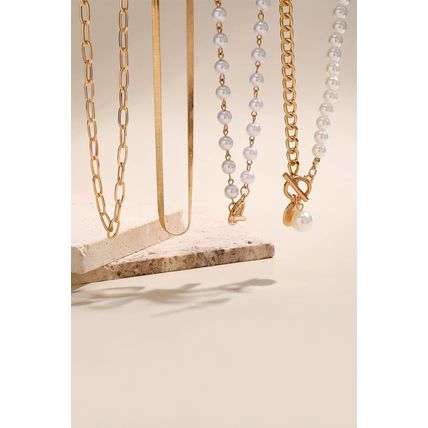 Gold Pearl Decor Plated Adjustable Chain Layered Necklace