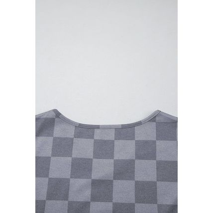 Gray Checkered V Neck Tee Drawstring Shorts Lounge Set