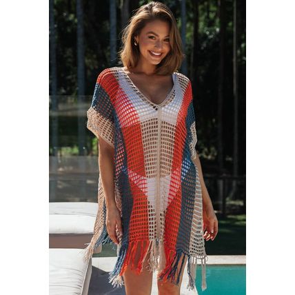 Multicolor Striped Tassel Crochet V Neck Beach Cover Up