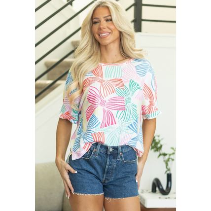 Multicolour Bowknot Printed Waffle Crewneck Loose Short Sleeve Top