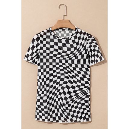 Black Checker Mesh Crew Neck T Shirt