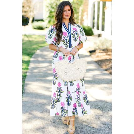 White Floral Puff Short Sleeve V Neck High Waist Maxi Dress