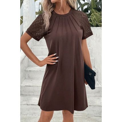 Dark Brown Contrast Lace Raglan Sleeve Pleated Detail Shift Dress