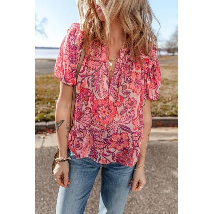 Red Floral Print Ruffled Puff Short Sleeve Blouse