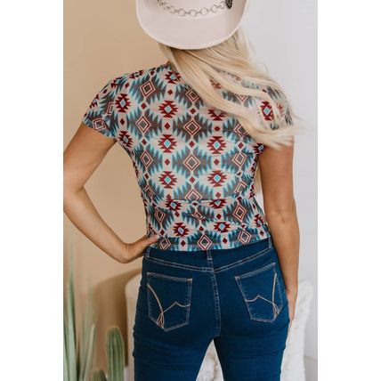 Blue Western Aztec Print Mesh Slim T Shirt