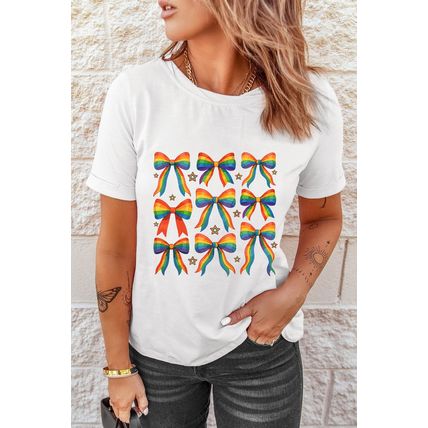 White Pride Bow Starry Print Cotton Blend T Shirt