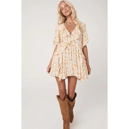 Apricot Boho Floral Tassel Tie V Neck Ruffle Wide Sleeve Mini Dress