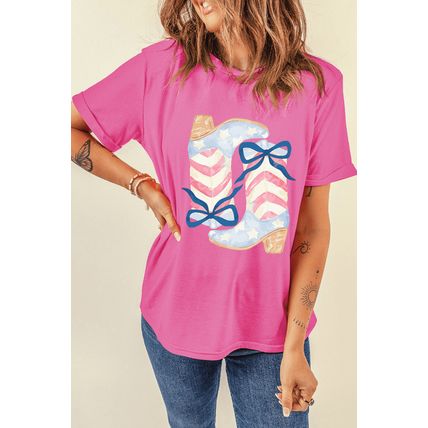 Sachet Pink Flag Pattern Boots Bow Accent Casual Graphic Tee