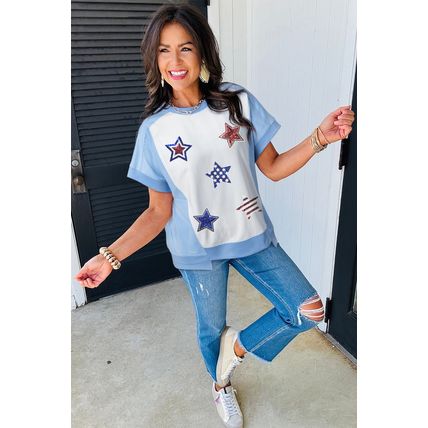 Sky Blue Patriotic Star Patched Colorblock T Shirt