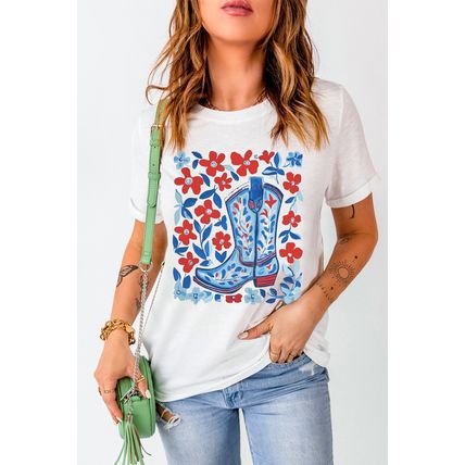 White Floral Western Boots Printed Cotton Blend T Shirt