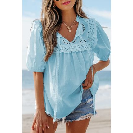 Mist Blue Embroidered Lace Patchwork Tie Neck Puff Short Sleeve Blouse