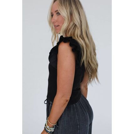 Black Ruffled Crew Neck Slim Fit Top