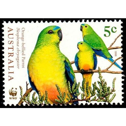 Australia 1998 World Wildlife Fund 5c Birds Orange-bellied Parrot MNH Stamp.