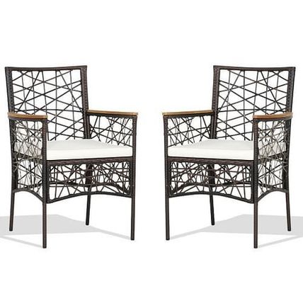 2 Pieces PE Wicker Patio Bistro Dining Chairs with Acacia Wood Armrests and C...