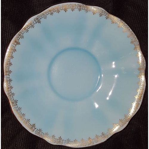 Queen Anne Light Blue Saucer Gold Trim Scalloped Edge Bone China England 5-3/4"