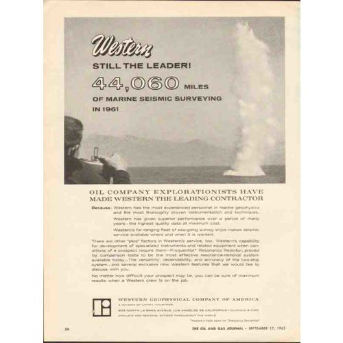 WESTERN GEOPHYSICAL AMERICA 1962 leader marine seismic vintage ad