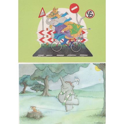 Elephant & Giraffe Cyclist Bicycle 2x Comic Postcard s